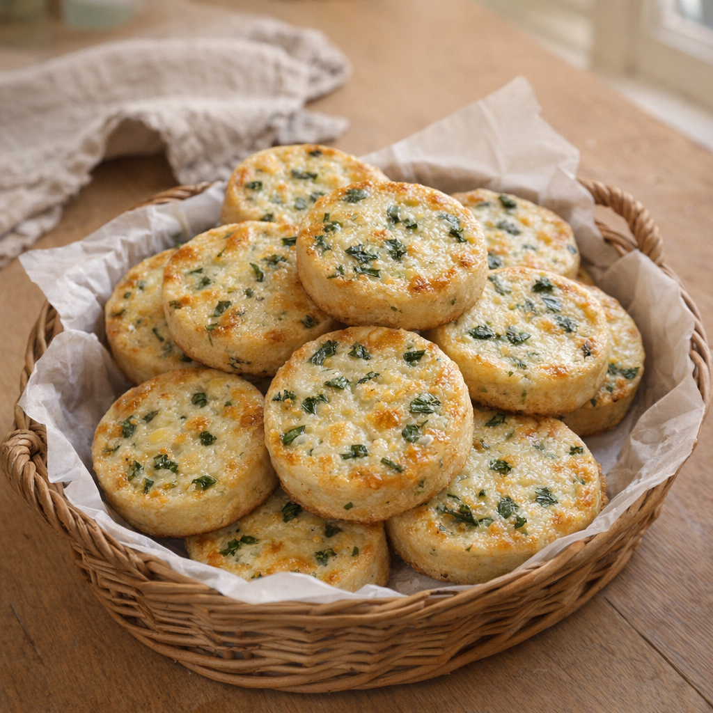 Basket of cheesy jalapeño shortbread on a kitchen table