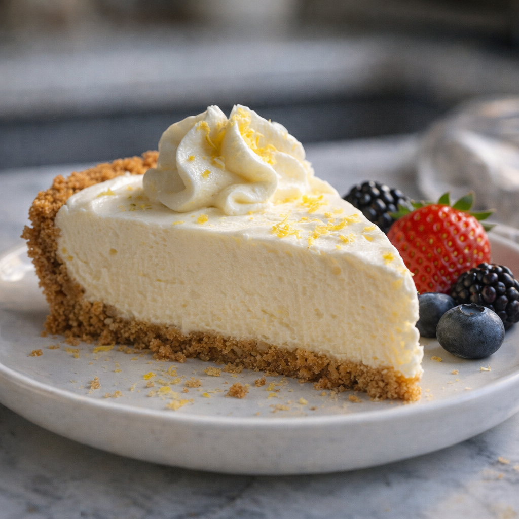 Slice of lemonade pie served with berries