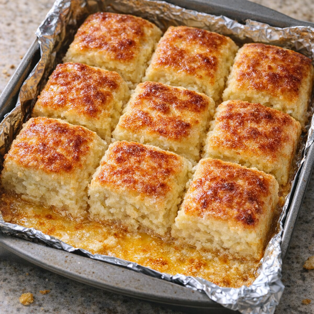 Freshly baked butter dip biscuits in a square pan