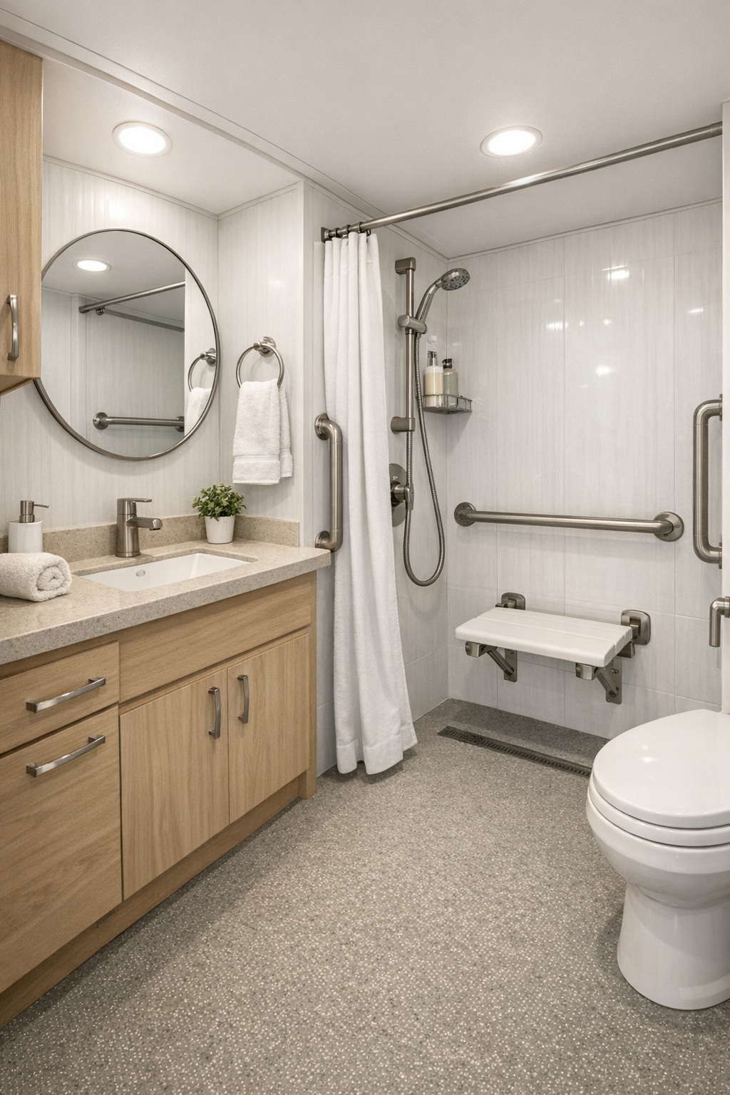 Accessible RV bathroom with curbless shower, pale wood vanity, and bright white finishes