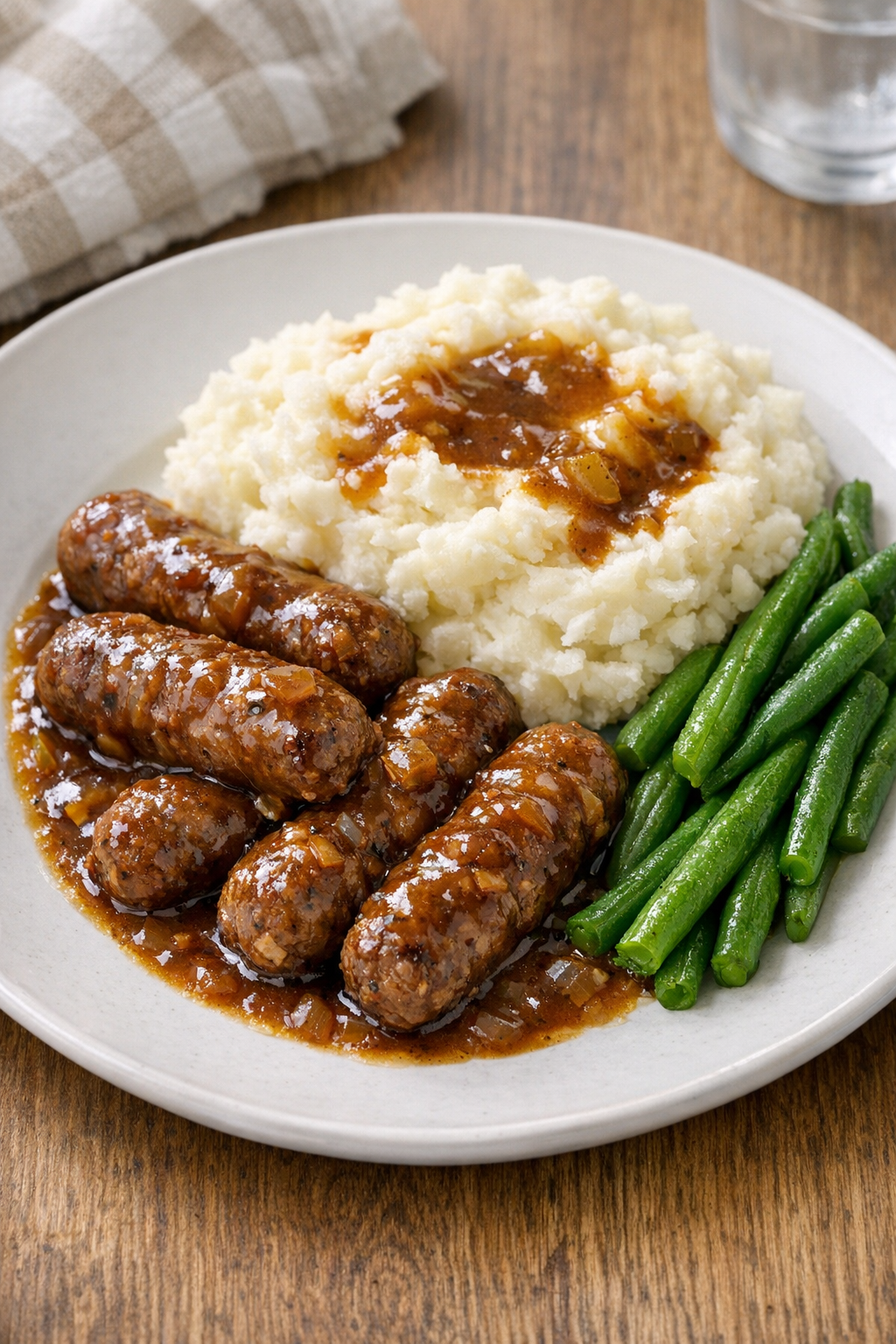 Finished plated beef sausage with rich sauce