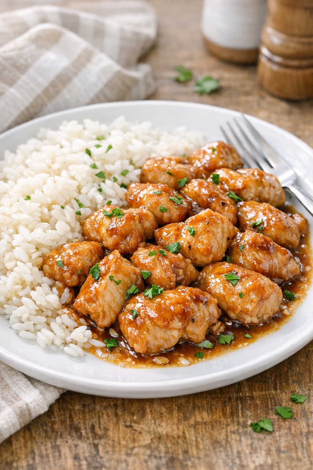 Finished plated slow cooker chicken with glossy sauce