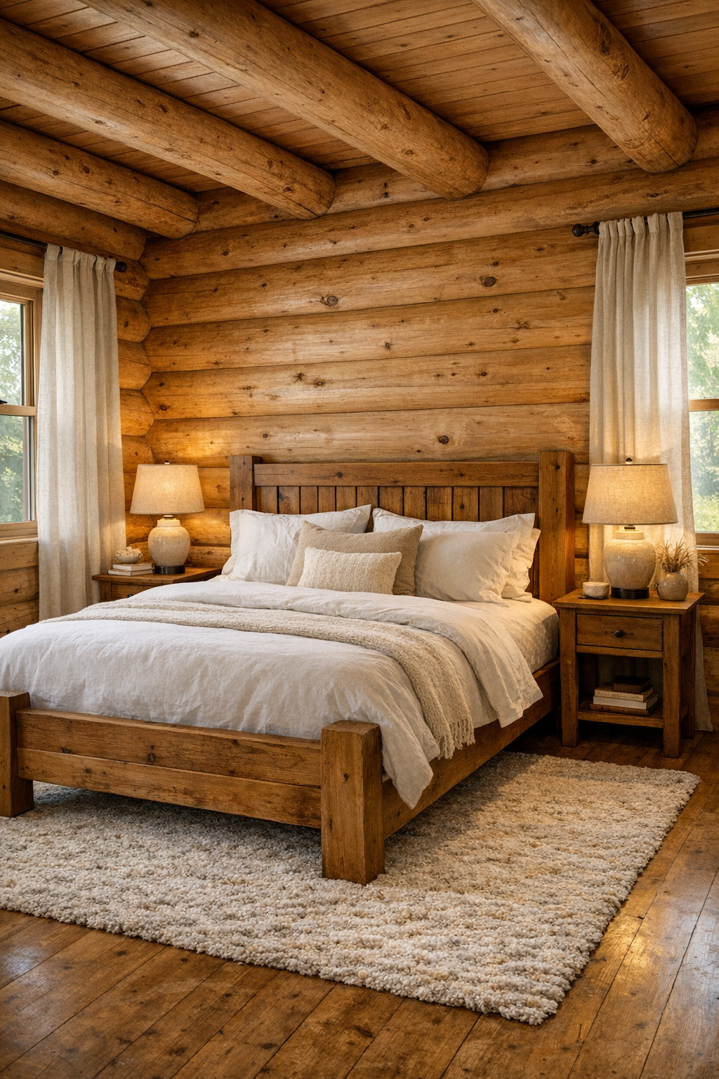 Peaceful log home bedroom with natural wood bed, white bedding, soft rugs, and warm bedside lighting