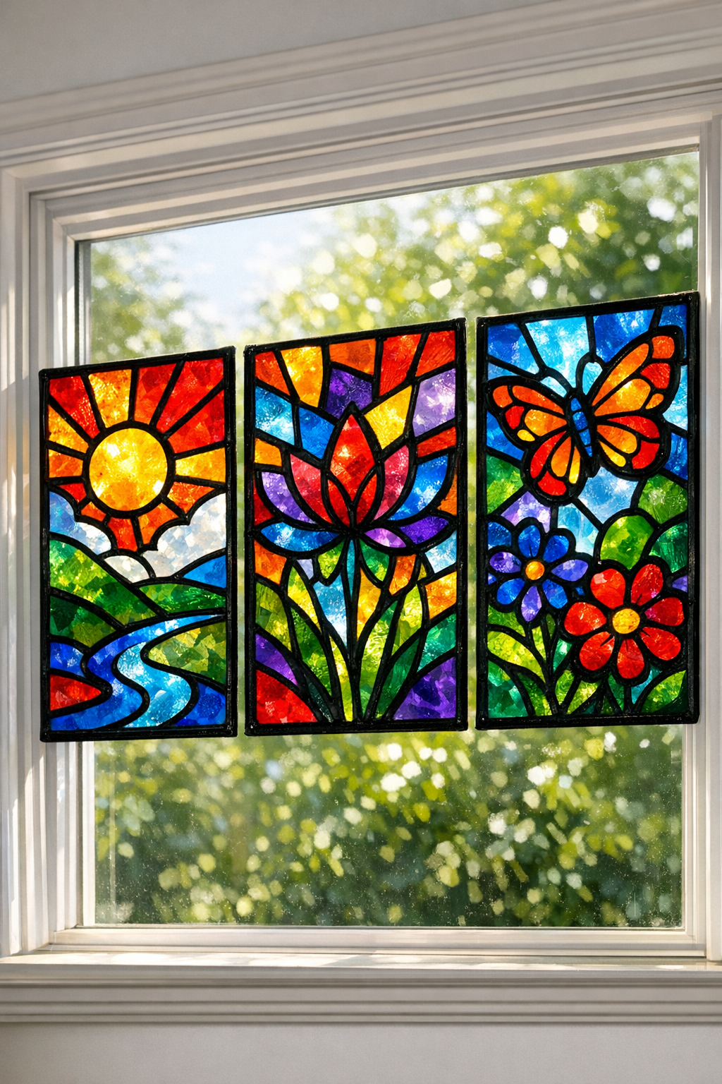 Finished faux stained glass window panels hanging in a sunny window