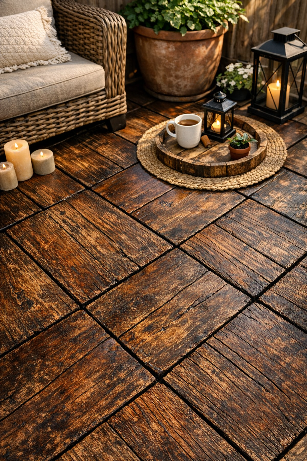 Finished rustic faux-wood patio tiles made from resin-coated paper plates