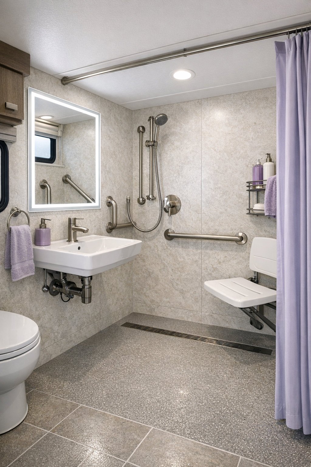 Accessible RV camper bathroom with curbless shower and pale stone finishes