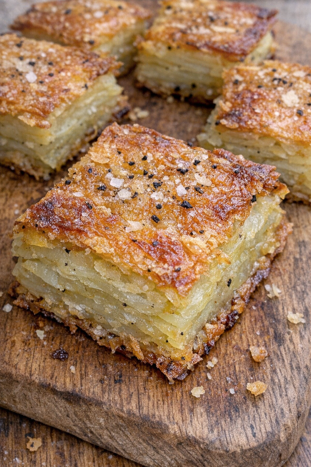 Crispy layered potato galette cut into golden squares on a wooden cutting board