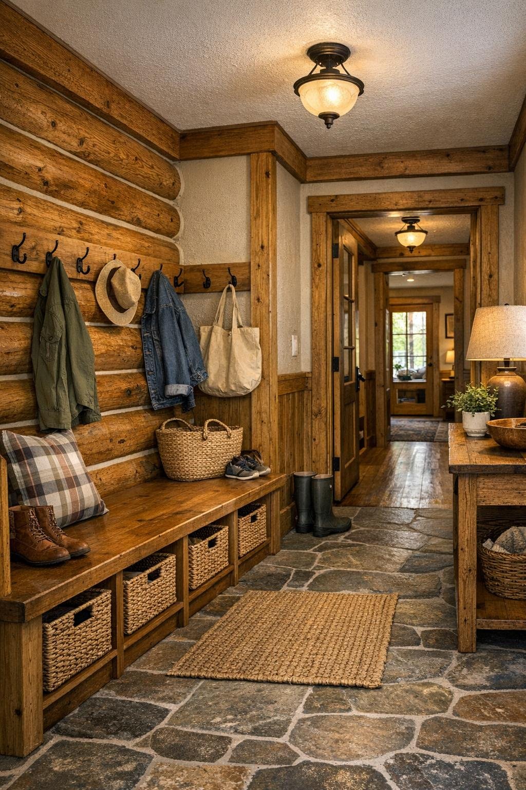 Practical mudroom and hallway area with built-in bench, hooks, and rustic finishes