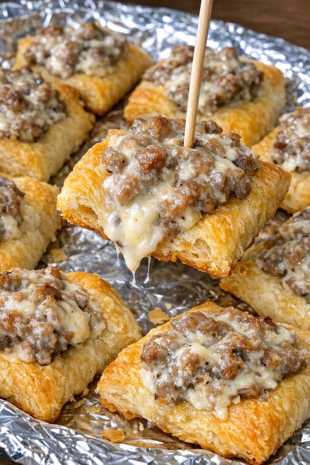 Flaky golden crescent bites with sausage cream cheese filling on a foil-lined platter