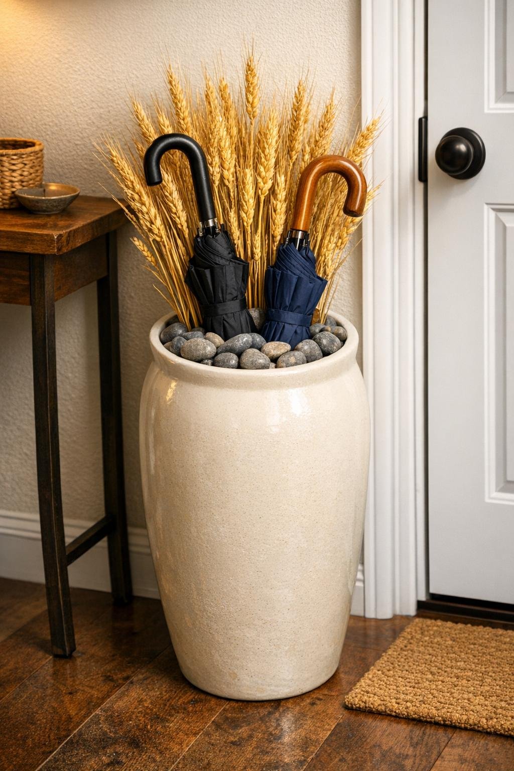 Finished ceramic vase umbrella stand styled in a small hallway