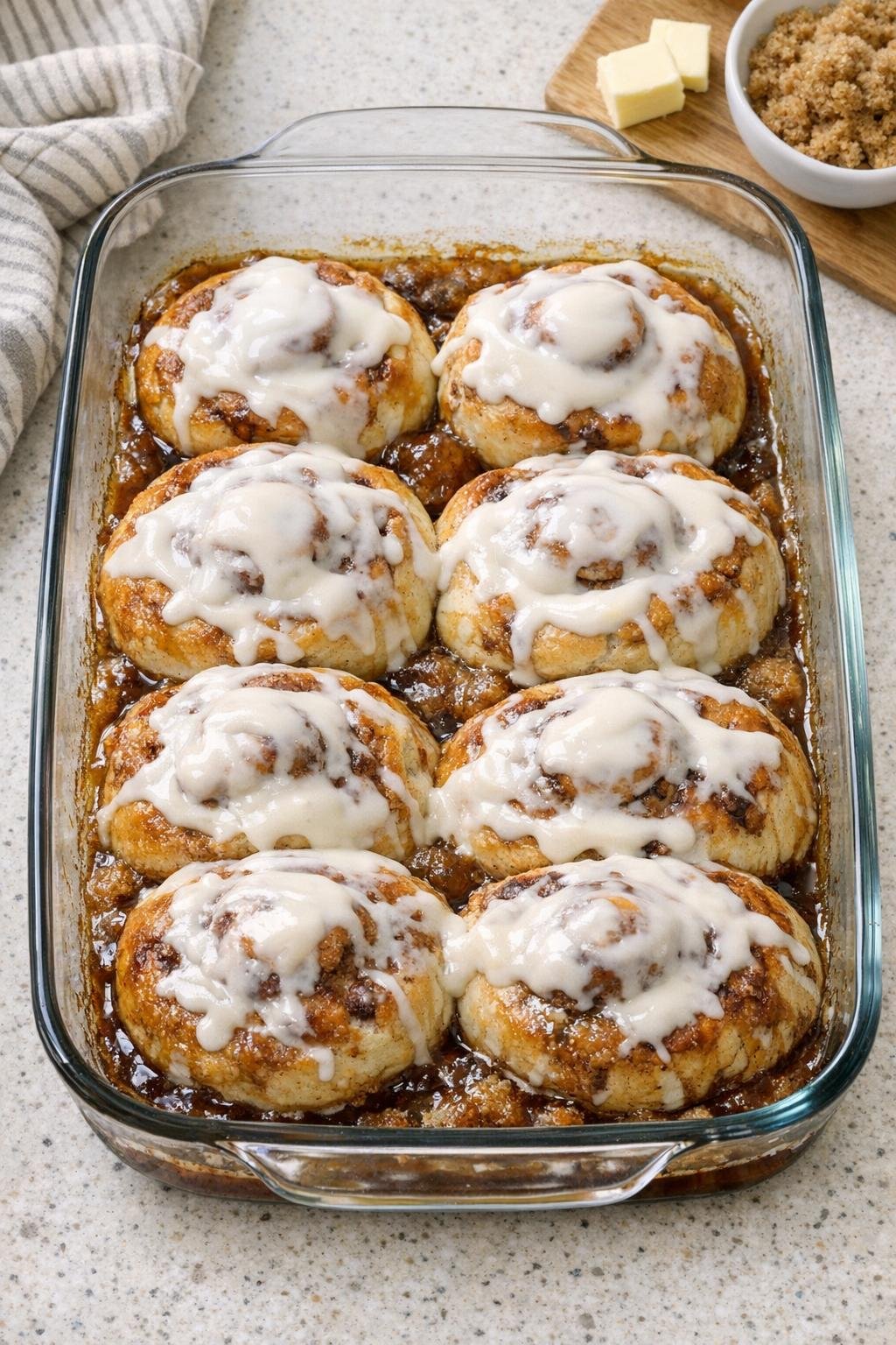 Finished baked cinnamon rolls in a glass dish with icing