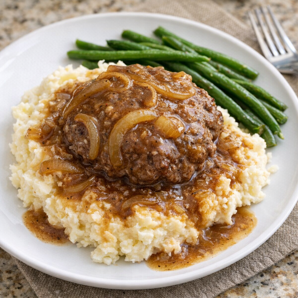 Slow cooker Salisbury steak served over mashed potatoes