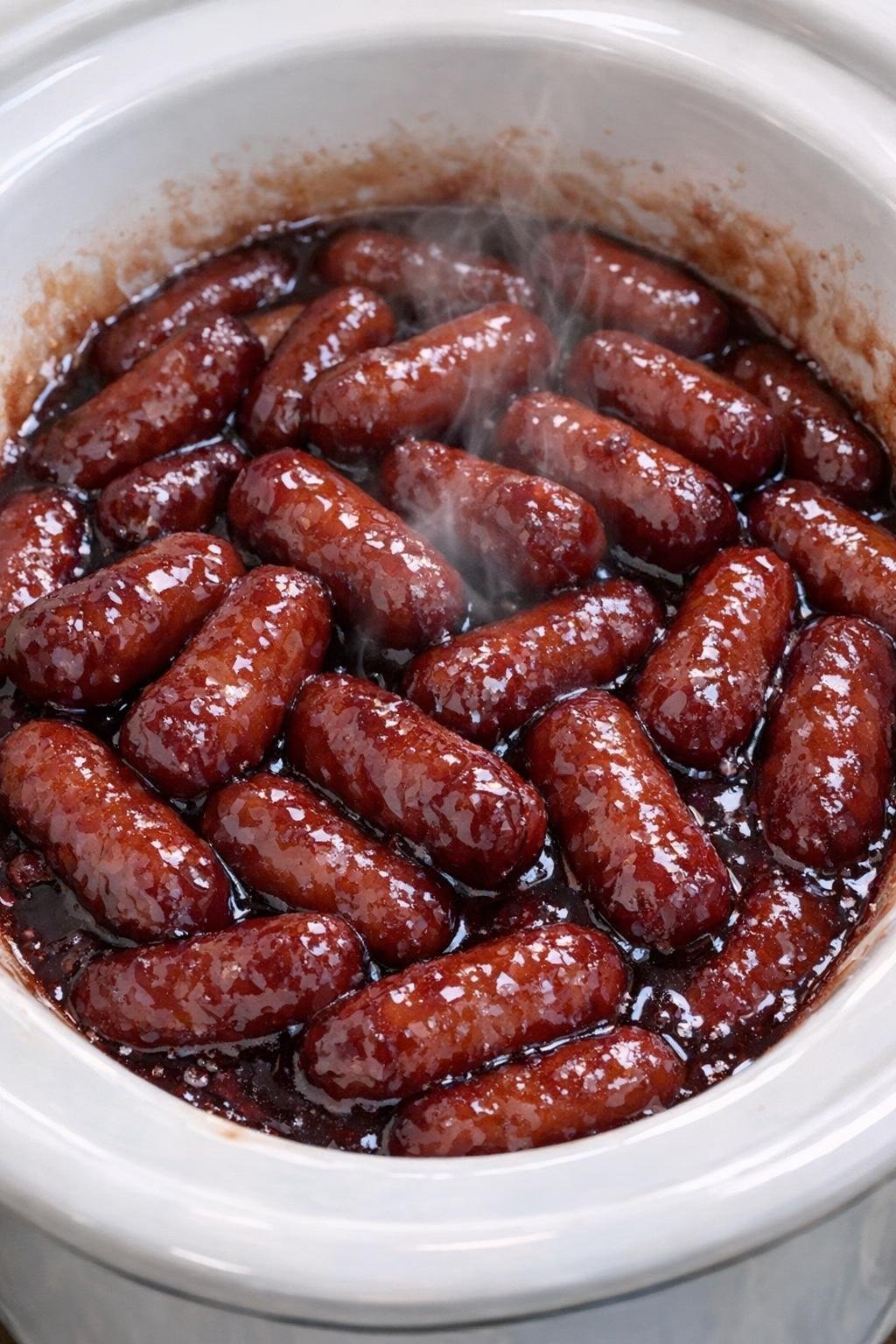 Slow cooker grape jelly cocktail weenies in a white crock