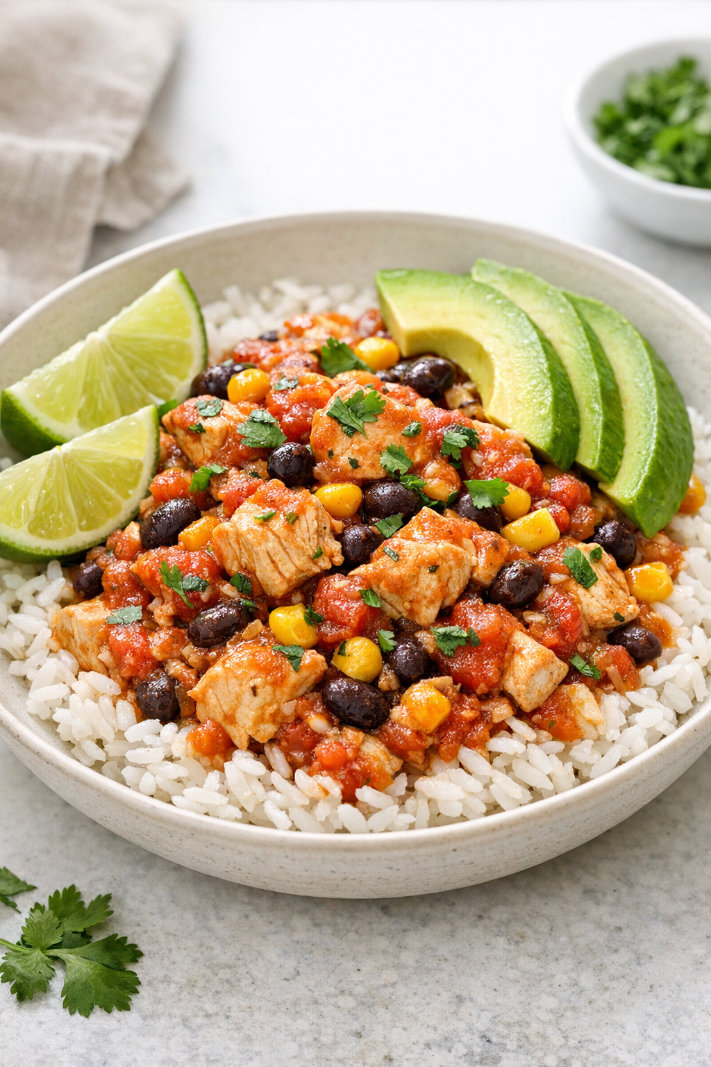 Plated slow cooker chicken with rice and toppings