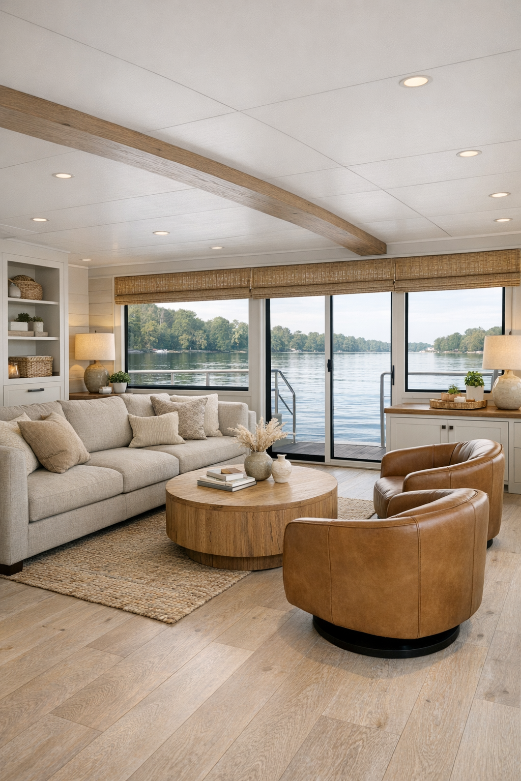 Bright living room inside a Dutch barge houseboat with warm oak floors, oatmeal sofa, camel leather chairs, and large water-facing windows