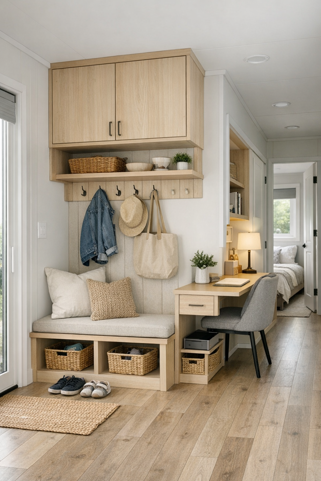 Thoughtful multipurpose interior area with built-in storage and clean modern finishes