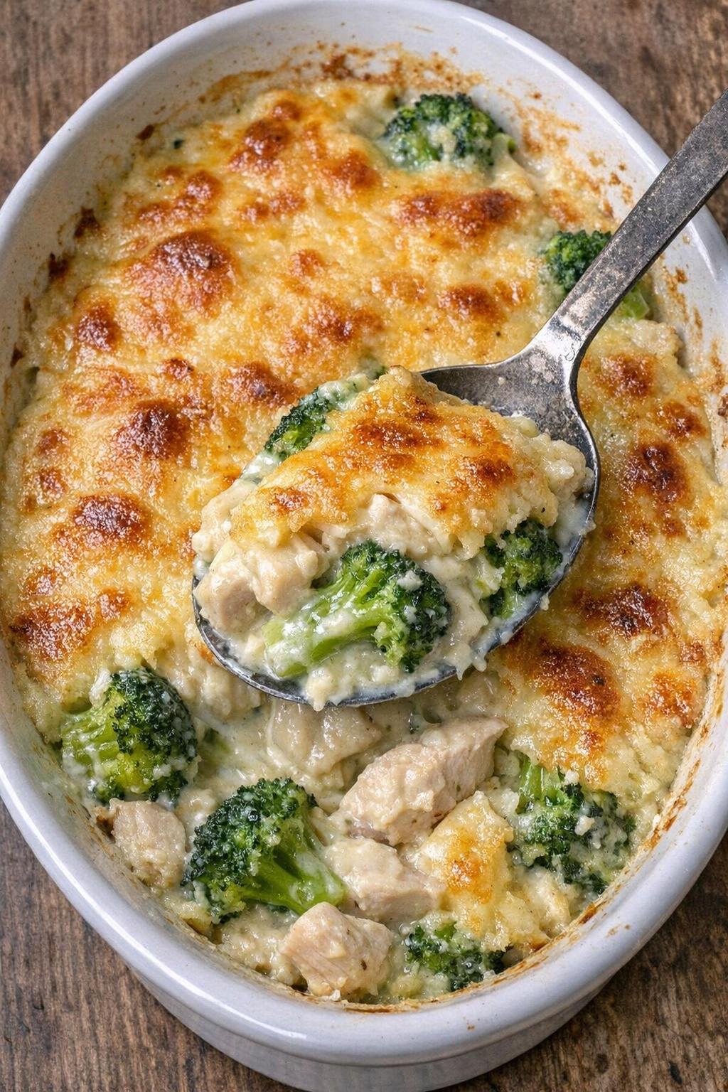 Creamy chicken and broccoli casserole in a white oval dish