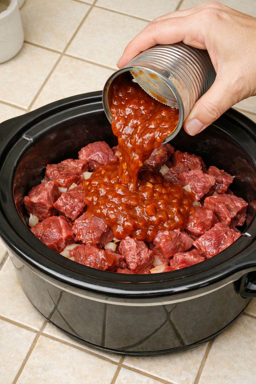 Pour canned sloppy joe sauce over raw beef stew chunks, together with 1 ...