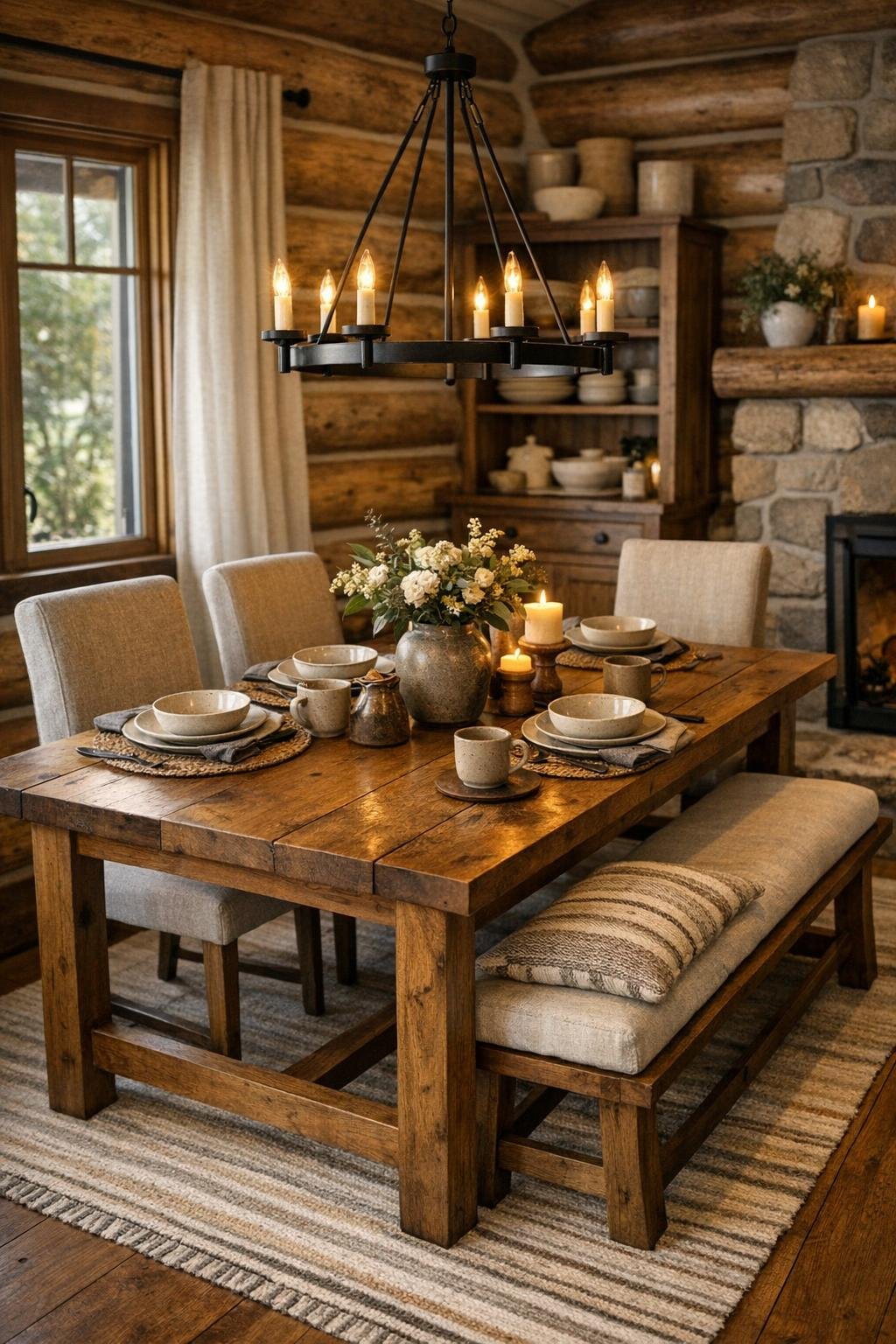 Cozy dining room with solid wood table, upholstered chairs, bench seating, and soft chandelier light