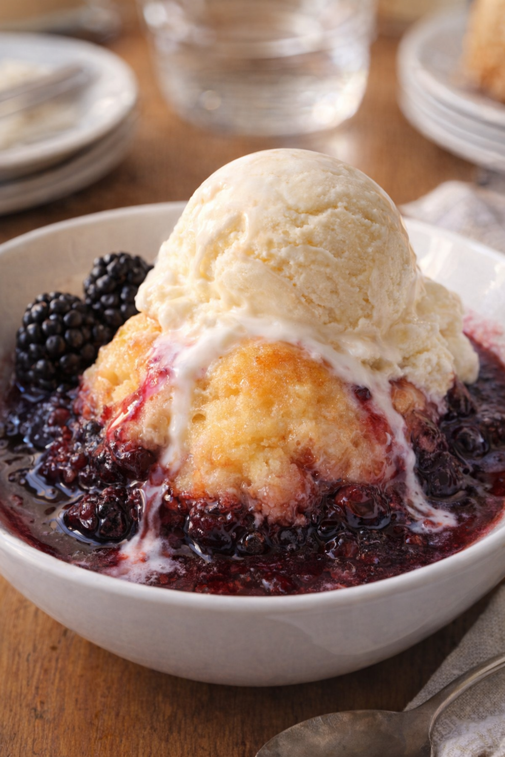 Blackberry grunt topped with vanilla ice cream