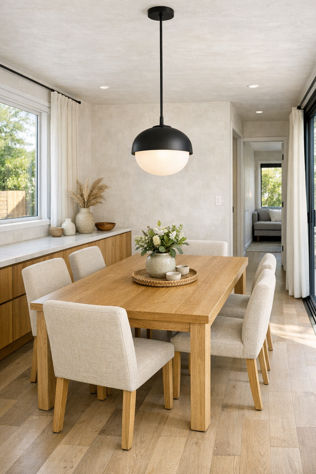 Warm accessible dining room with oak table and soft neutral finishes