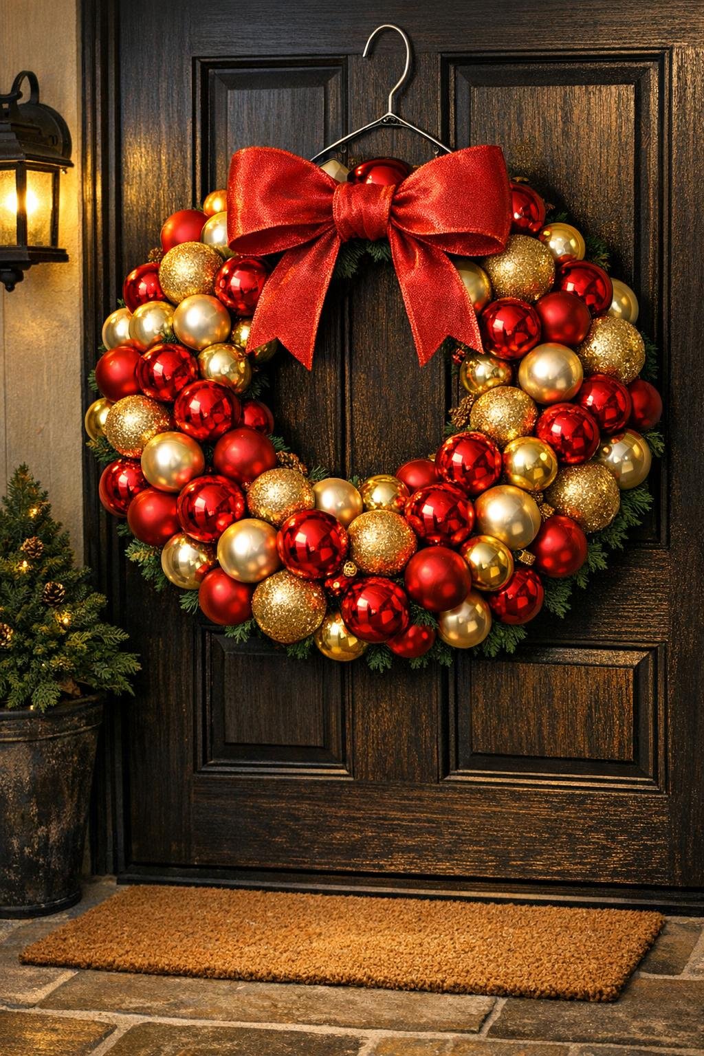 Finished ornament wreath hanging on a front door