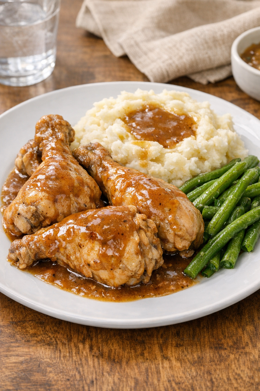 Finished slow cooker chicken drumsticks plated with gravy