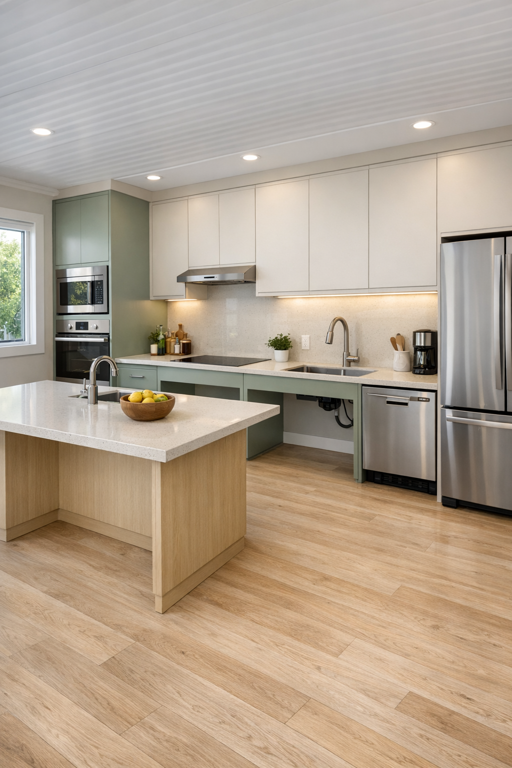 Accessible sage and white kitchen with quartz counters, wide passages, and clean modern cabinetry