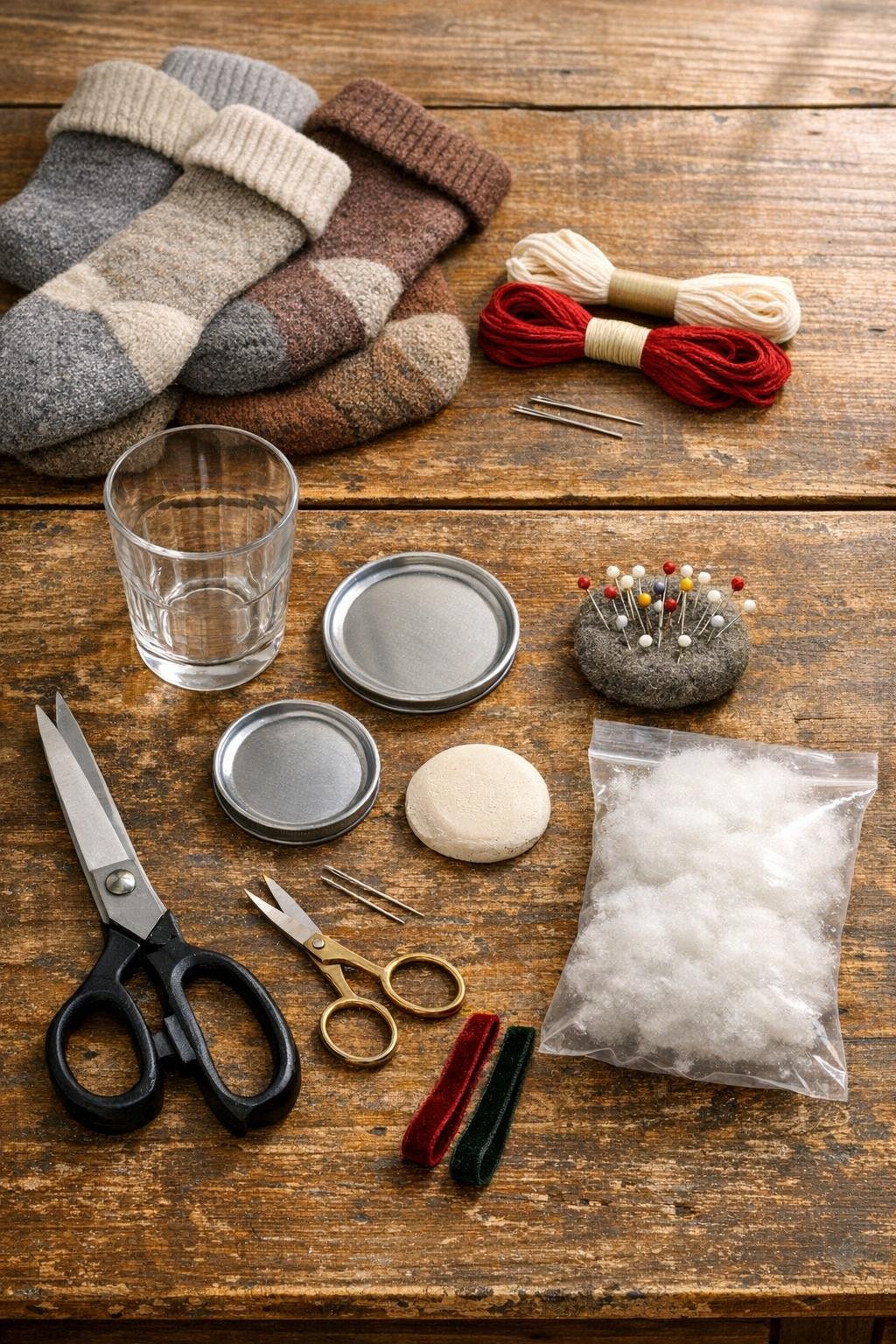 Materials for making felt penny-rug ornaments laid out on a table