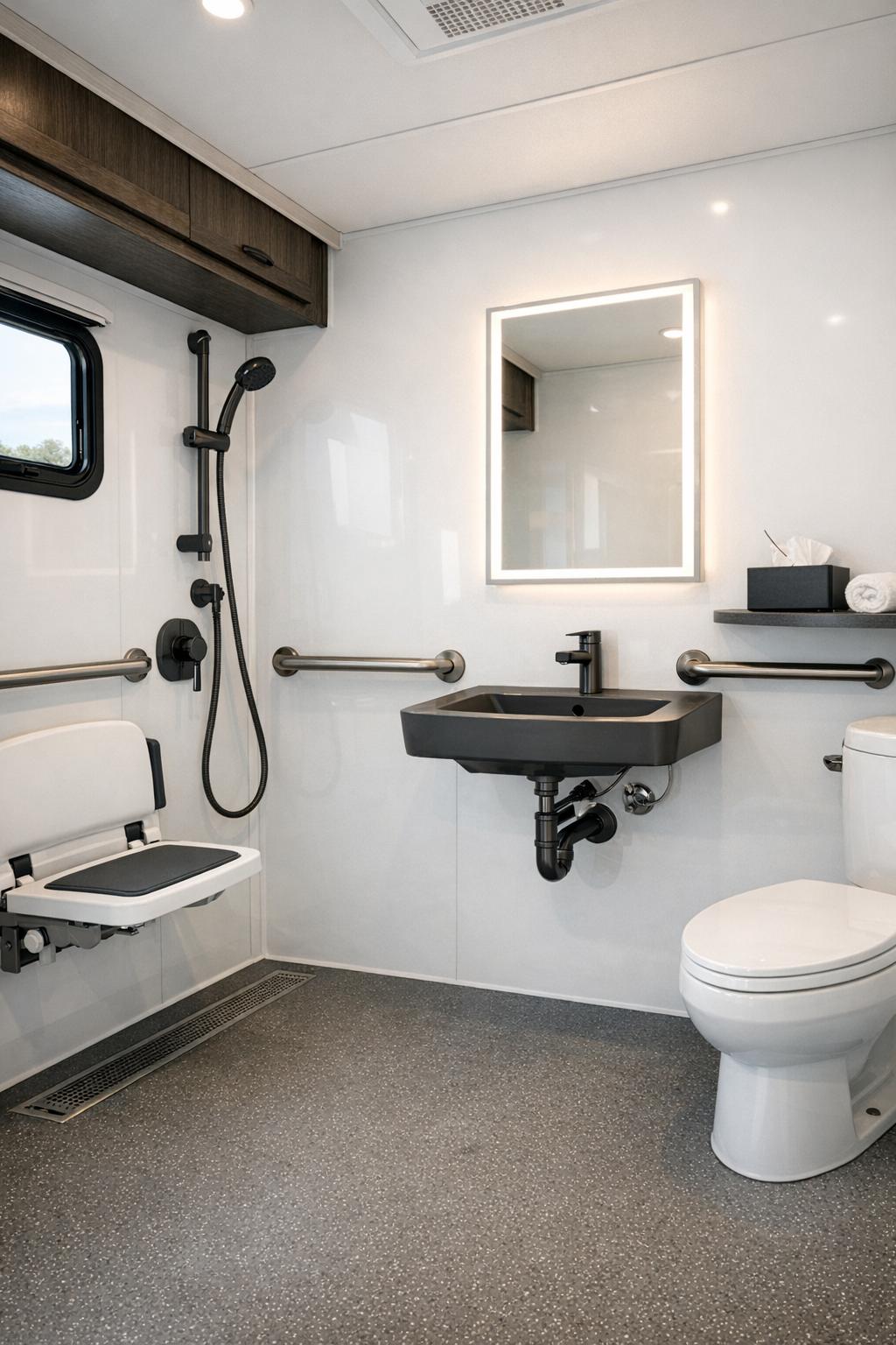 Accessible RV bathroom with curbless shower and charcoal fixtures