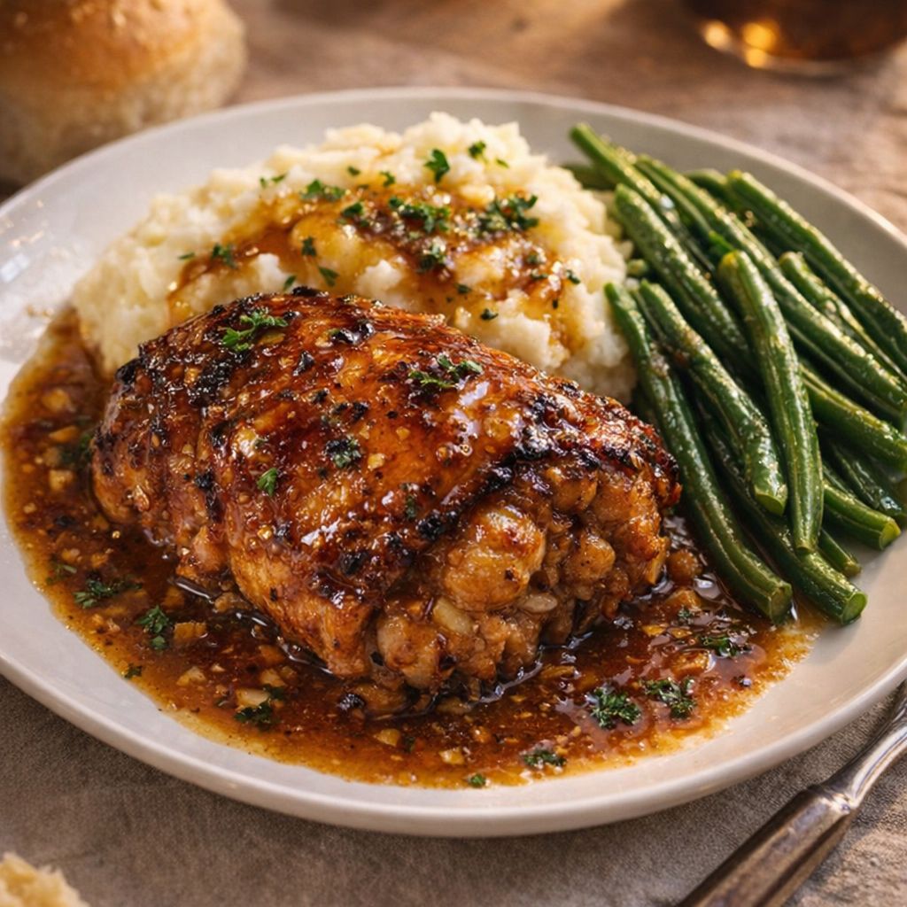 Plated golden glazed chicken with mashed potatoes and green beans