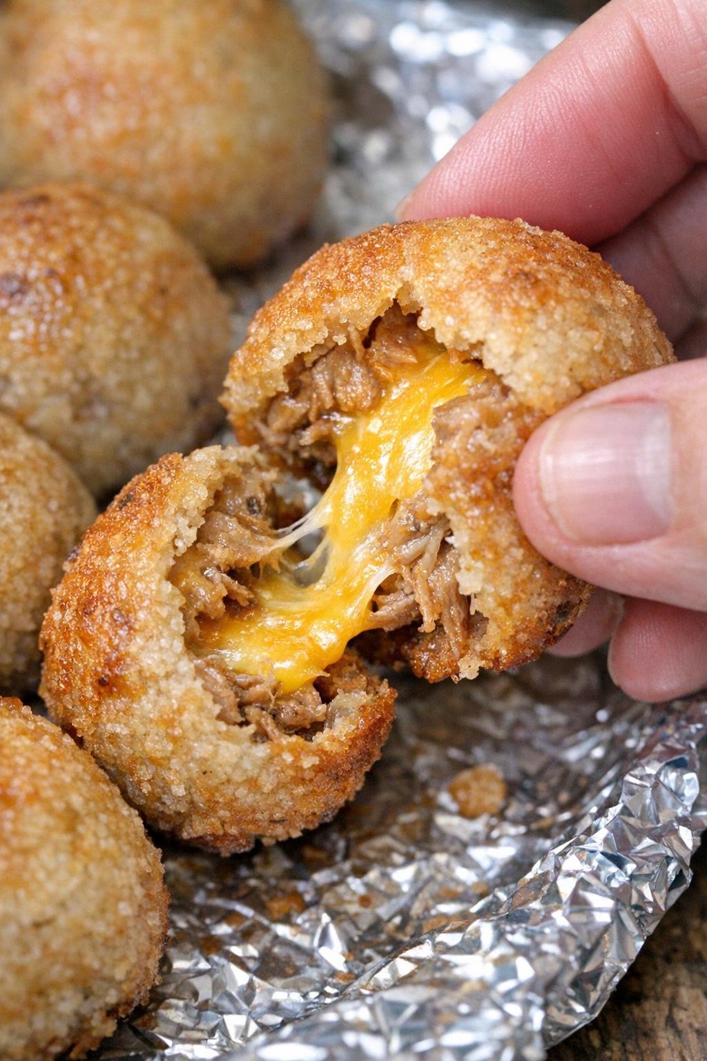 Finished pulled pork rutherford bombs with melted cheddar