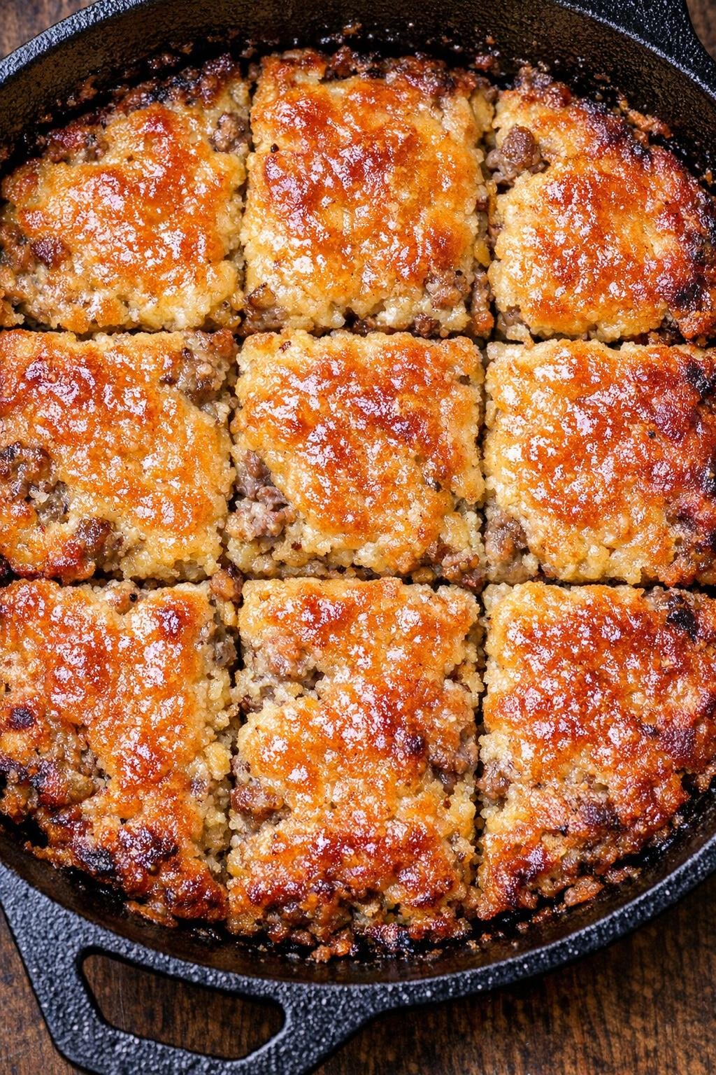 Southern baked sausage squares in a cast iron skillet