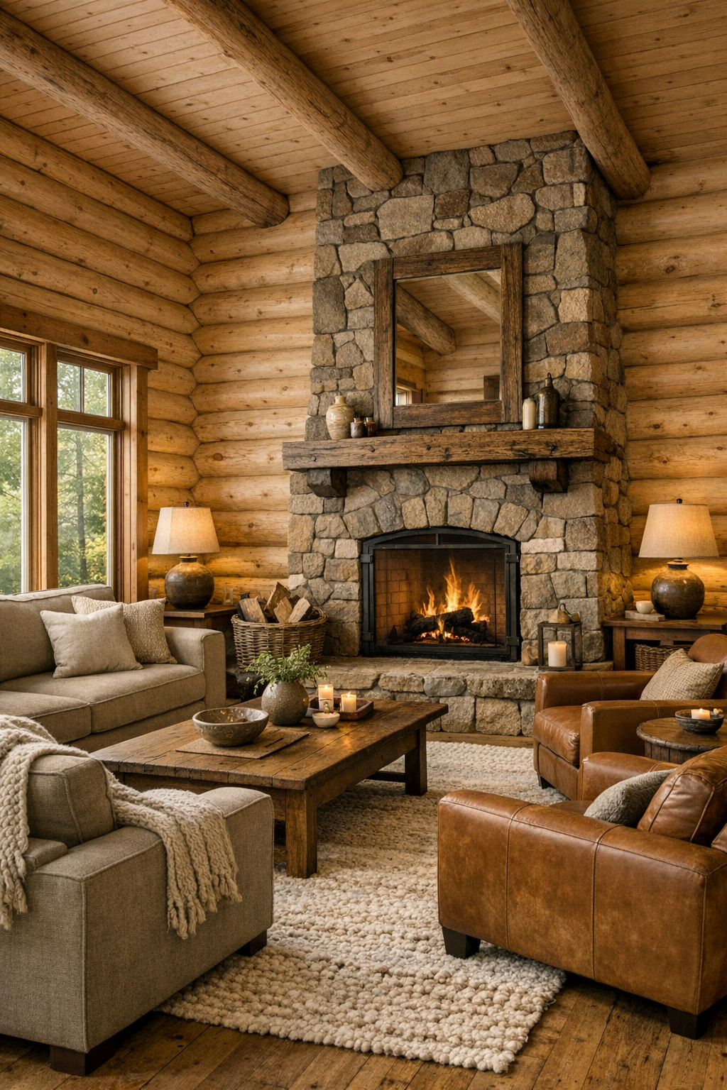 Living room with pale Fraser fir log walls, stone fireplace, and soft neutral seating