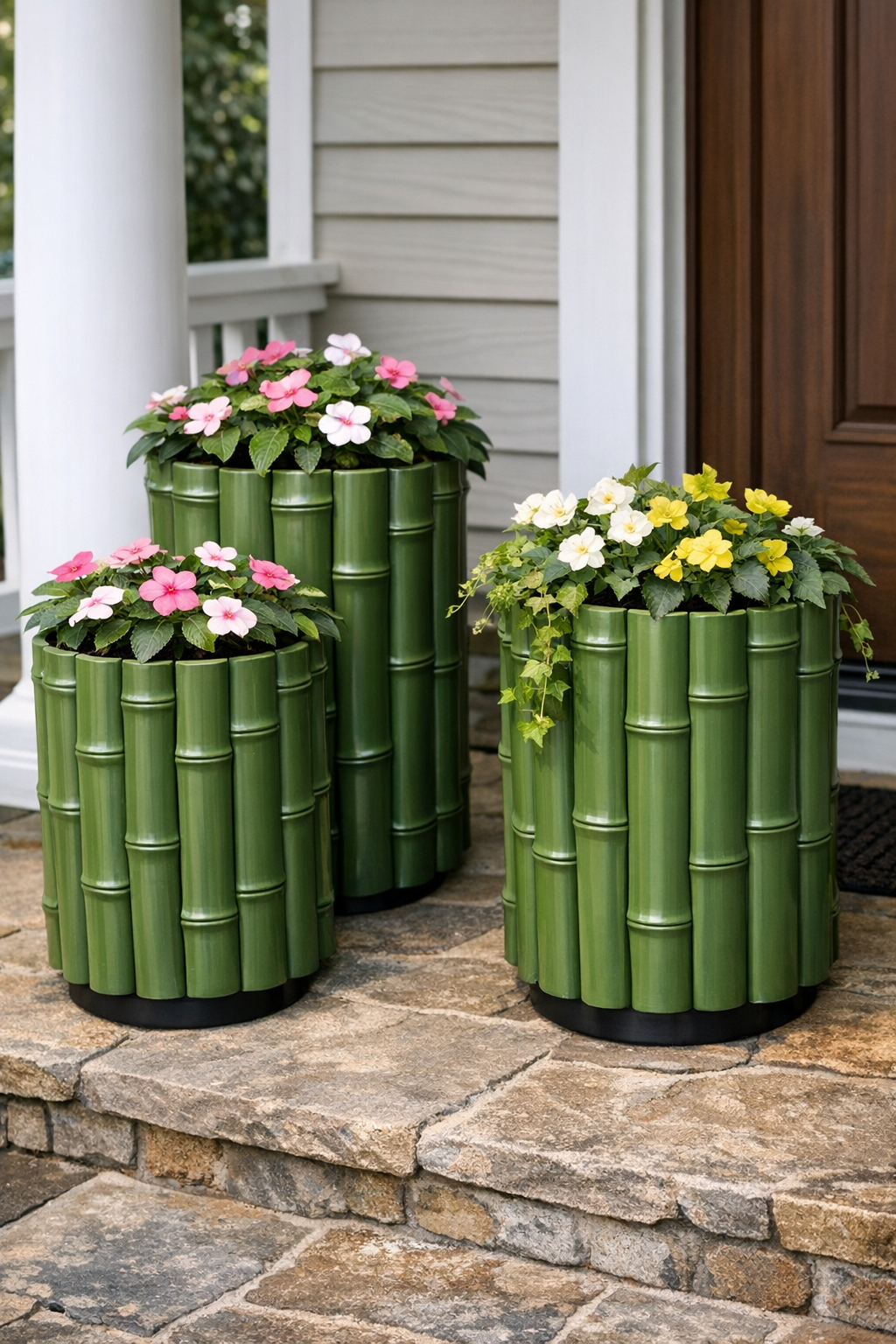 Finished faux bamboo porch planters made from green painted PVC pipes around black nursery pots