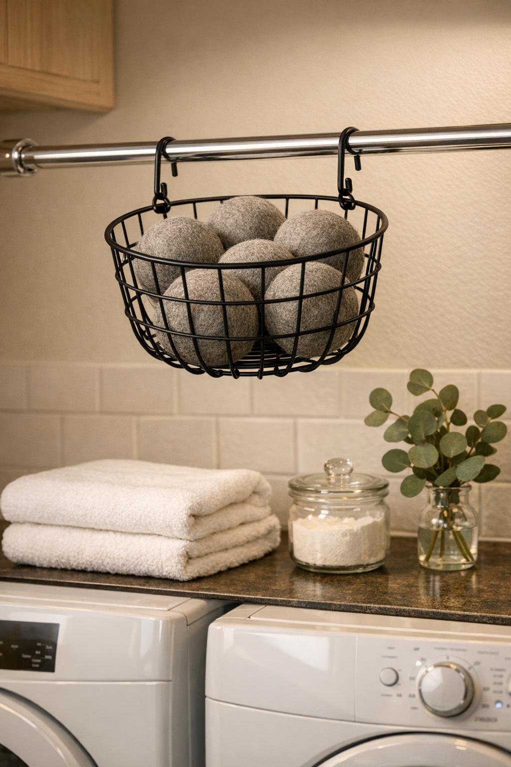 Finished hanging dryer ball holder in a small laundry room