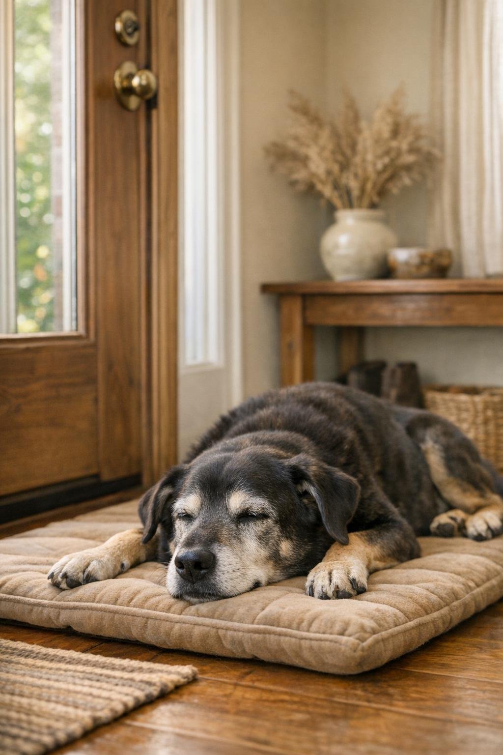 Senior dog resting beside a front door
