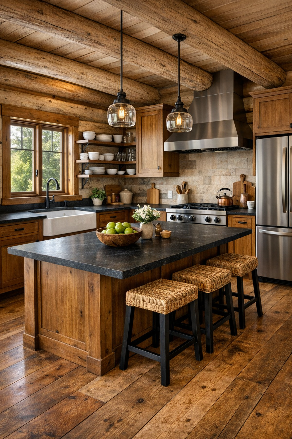 Craftsman-style log home kitchen with wood cabinetry, stone counters, and a central island