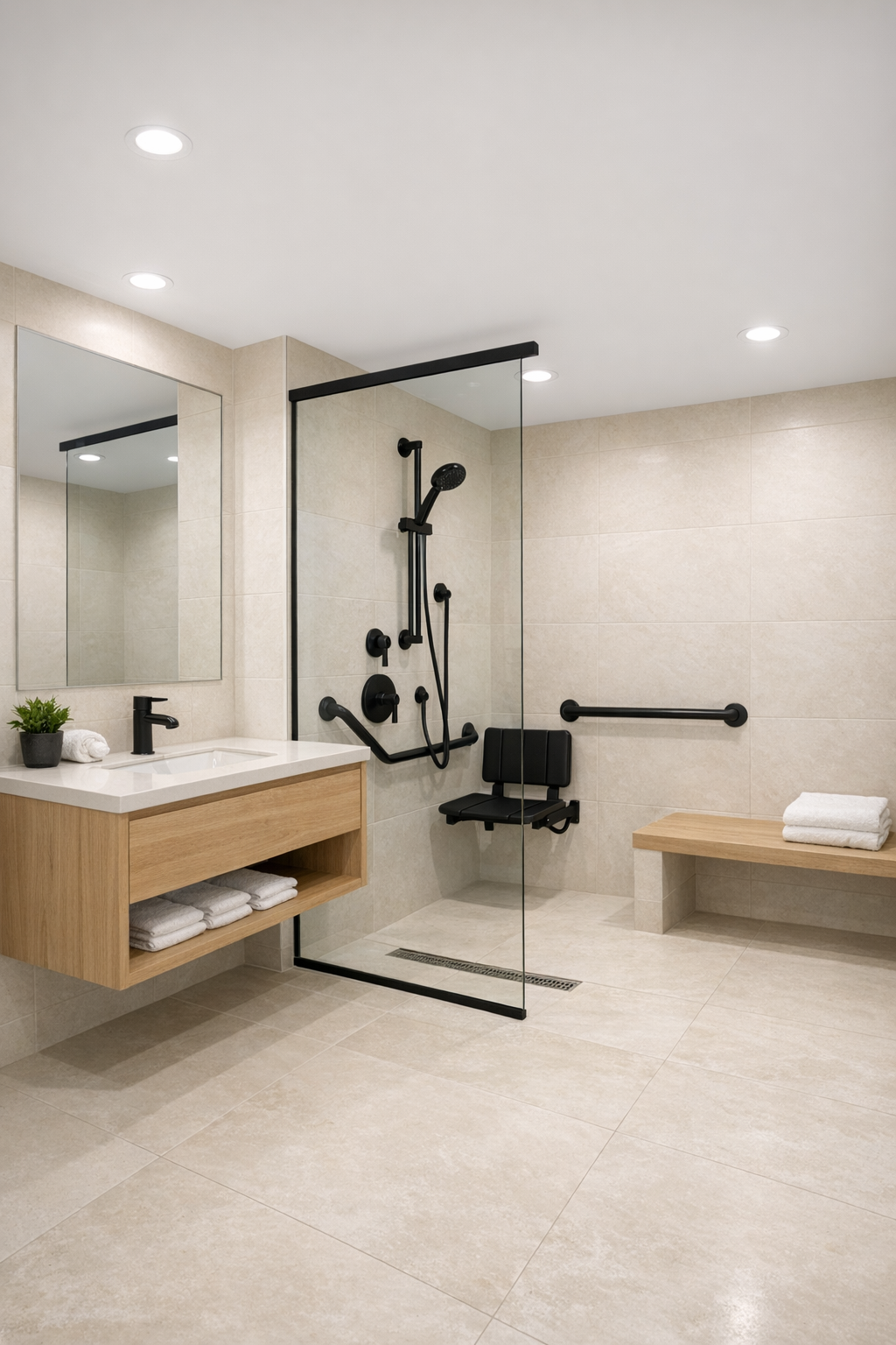 Accessible bathroom with curbless shower, light wood vanity, and warm tile