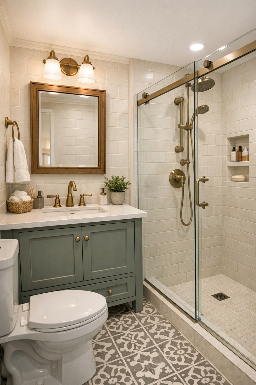 Small elegant bathroom with soft tile, painted vanity, and glass shower