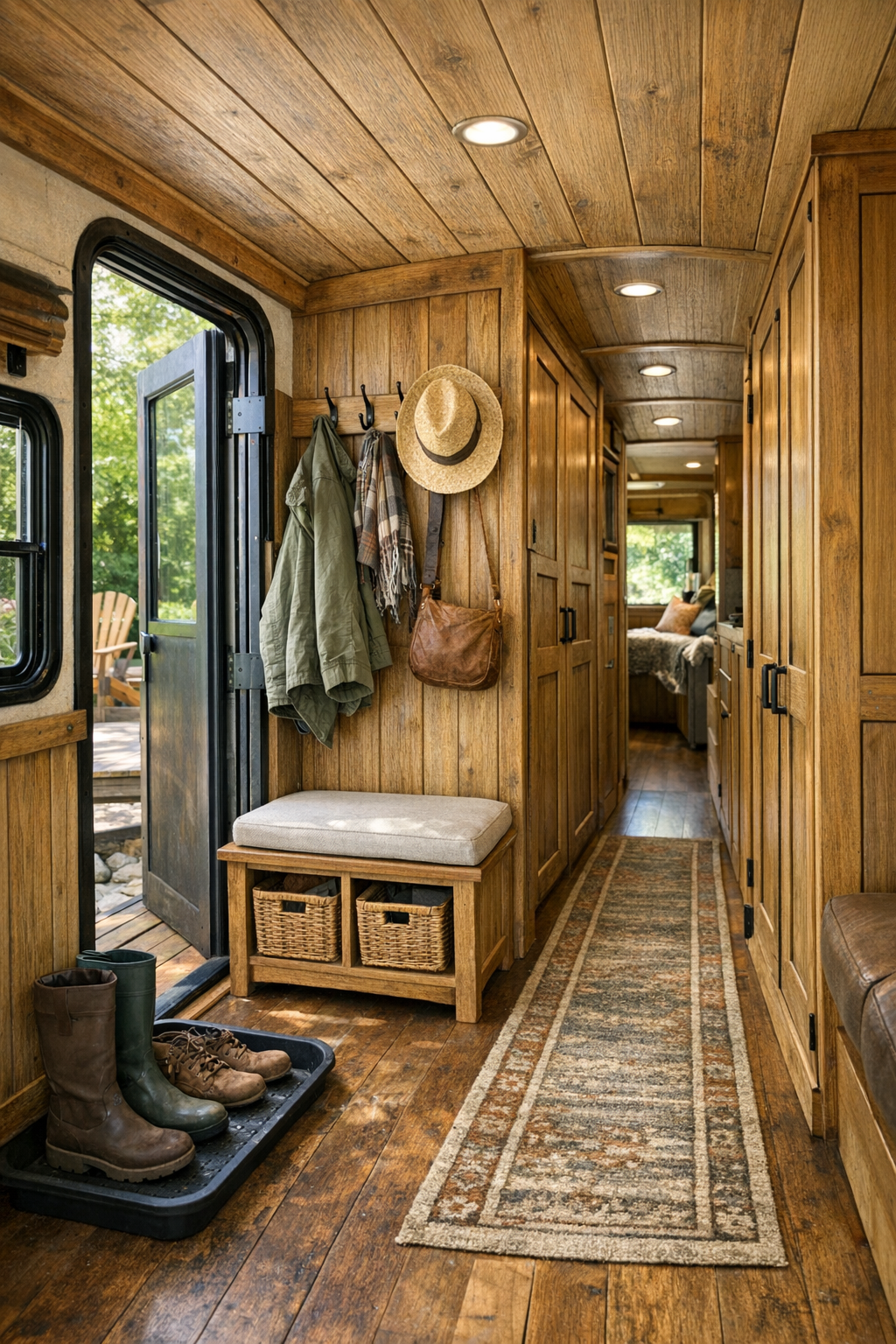 Thoughtfully designed bus entry and hallway with storage and rustic finishes