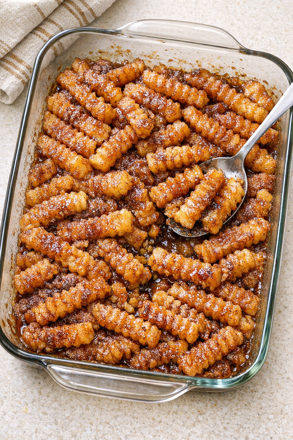 Warm baked sweet crinkle fry dessert in a glass baking dish