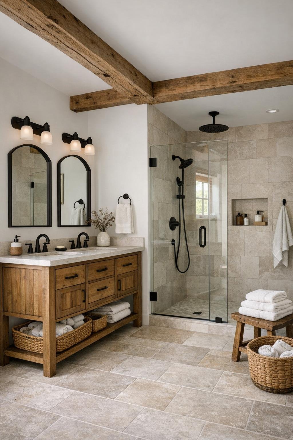 Bright rustic bathroom with a wood vanity, pale stone tile, and a walk-in shower
