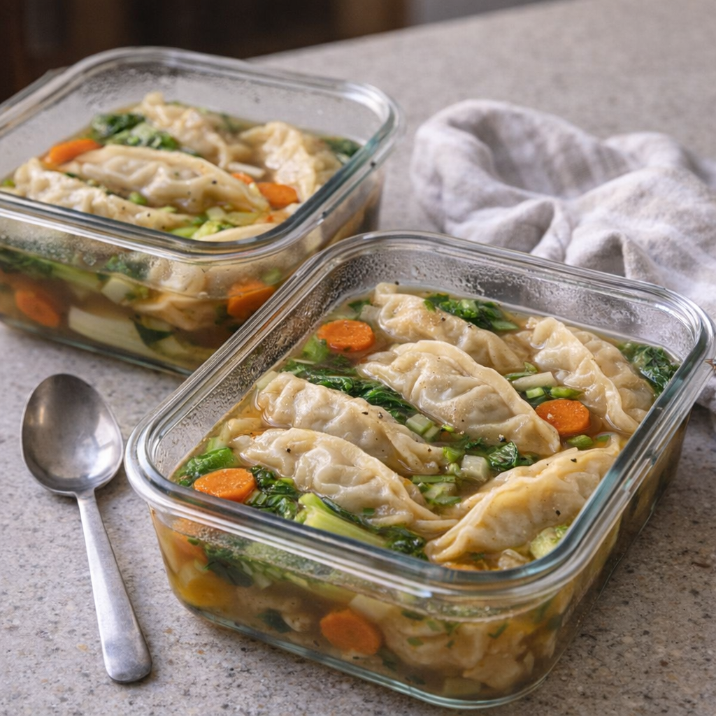 Leftover potstickers stored in meal-prep containers