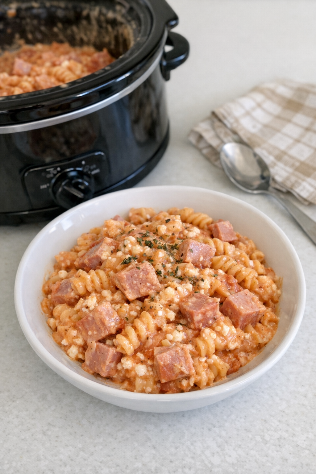 Finished plated ham pasta with creamy tomato cottage cheese sauce