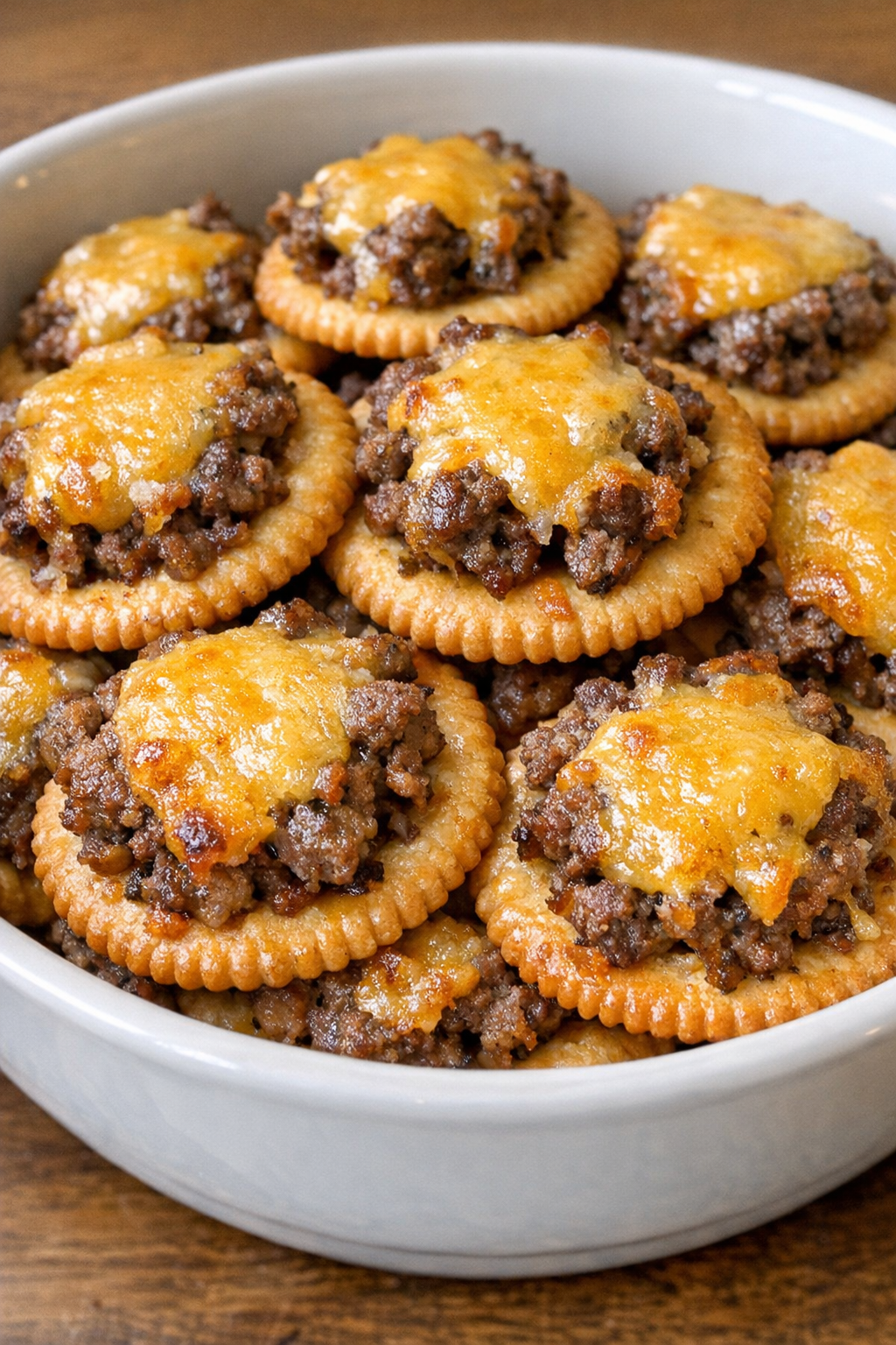 Close up of baked beef cracker bites