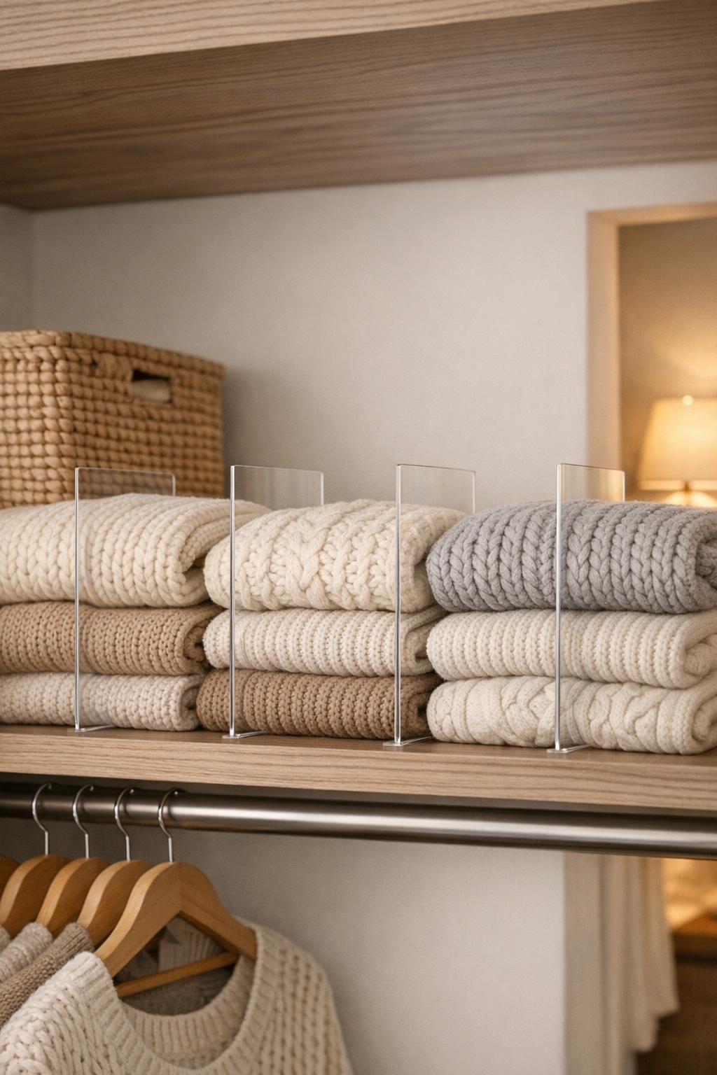 Finished DIY sweater shelf dividers in a bedroom closet