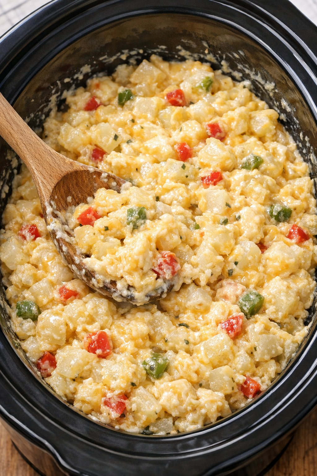 Potatoes coated with creamy cheese mixture in slow cooker