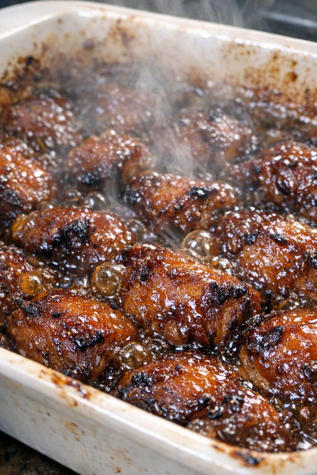 Bubbling glazed harvest moon supper in a ceramic baking dish