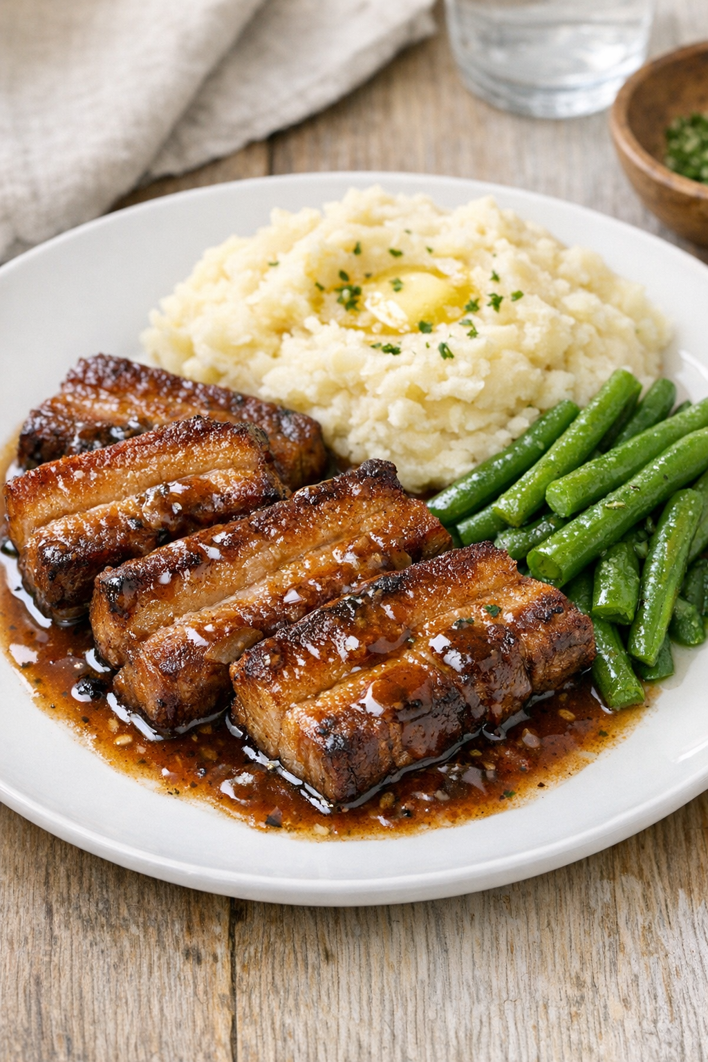Finished plated vintage pork belly with sauce